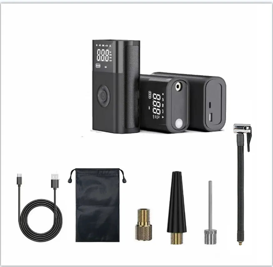 Black handheld digital car tyre pump with LED display and attached air hose, alongside bicycle and ball nozzles.