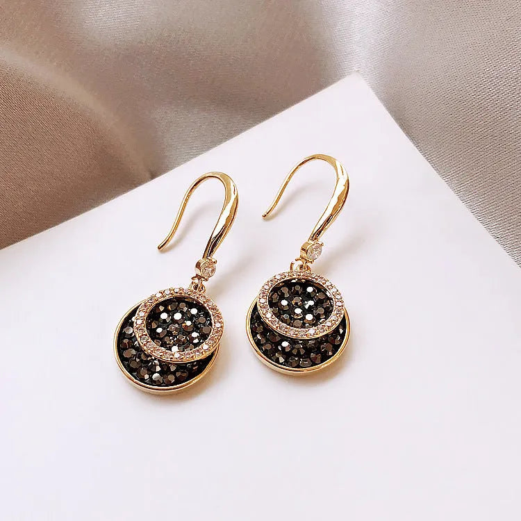 Black geometric alloy earrings with 3.6cm drop length and retro Hong Kong style design