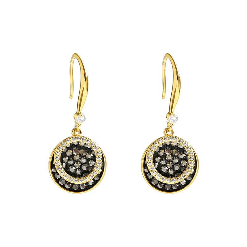 Black geometric alloy earrings with 3.6cm drop length and retro Hong Kong style design