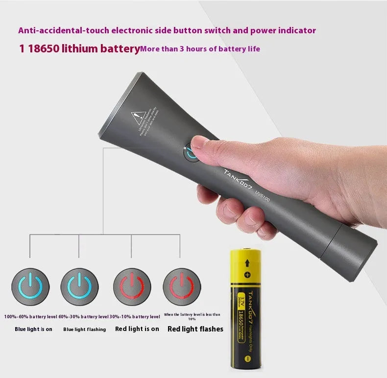 Black aluminium UV flashlight for detecting pet urine stains and insects on carpet.