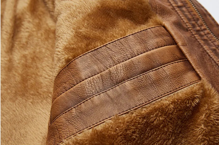 Men's PU leather jacket with plus velvet lining in khaki colour