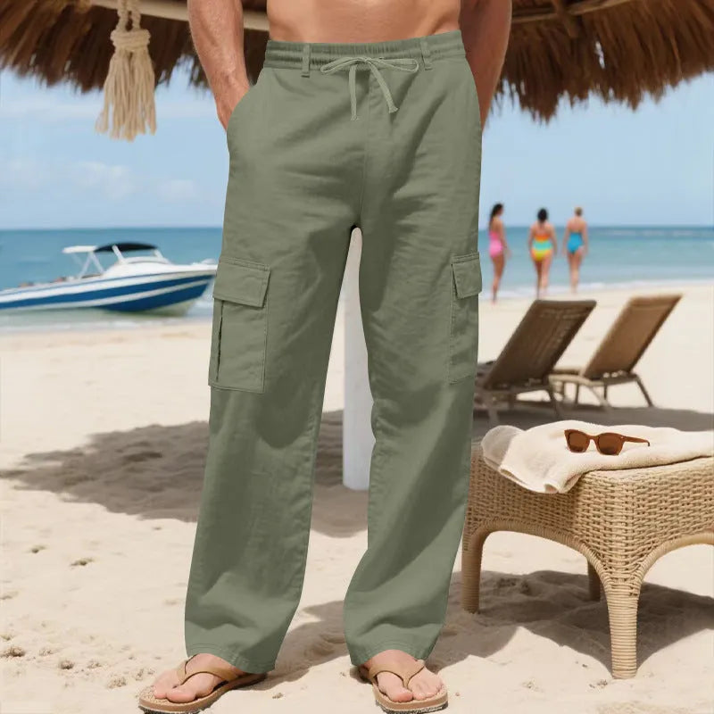 Men's linen workwear trousers with drawstring waist, multiple pockets and straight leg, in Army Green, Black, Khaki, Light Blue or White