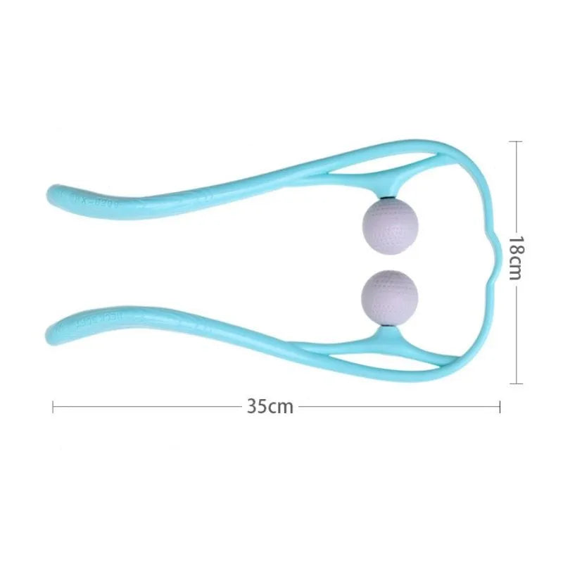 Blue plastic neck massager hand roller with adjustable stand and 3D floating massage points.