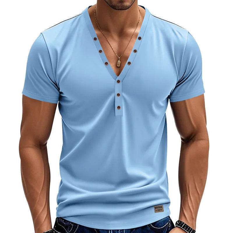 Men's loose fit solid colour V-neck pullover top with button detail on the front.