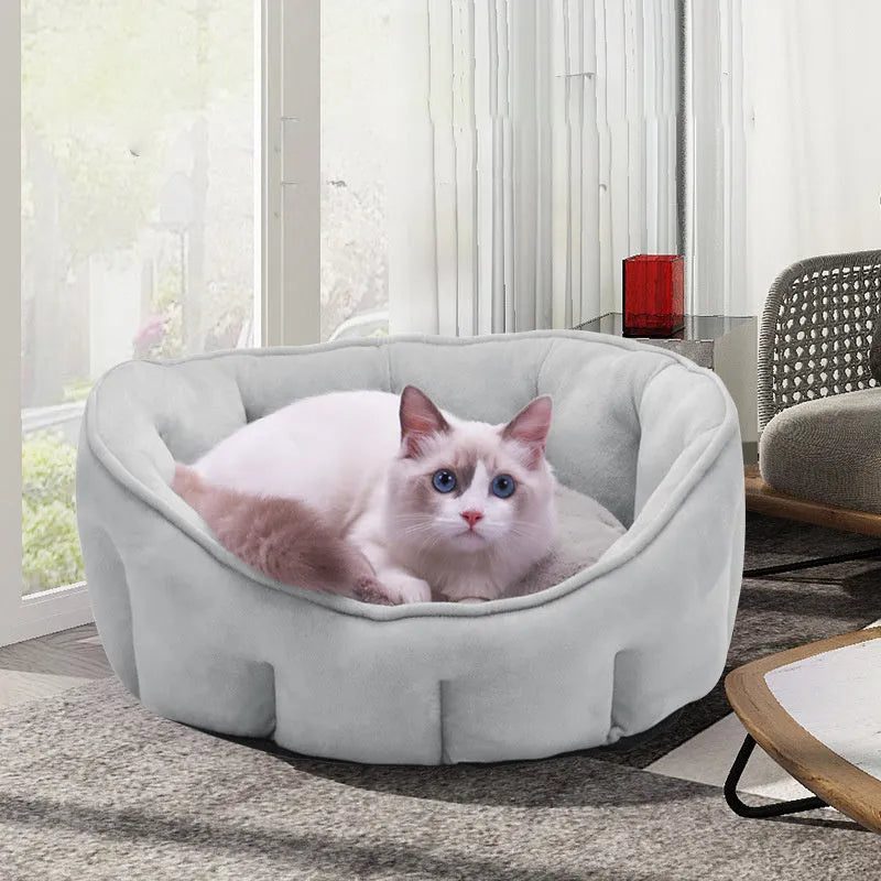 Grey plush cat kennel mat house with thickened sides, measuring 46cm square