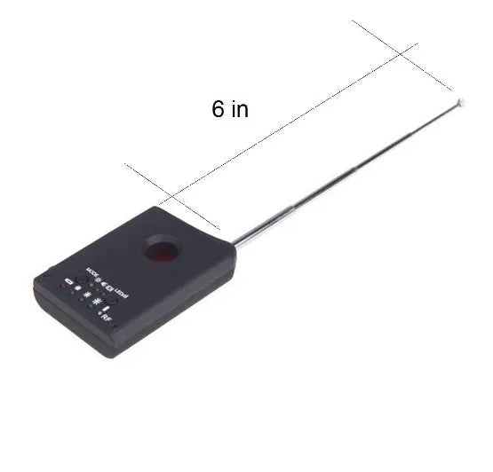 Black anti-spy hidden camera signal detector with antenna, 65x48x15mm, on grey background