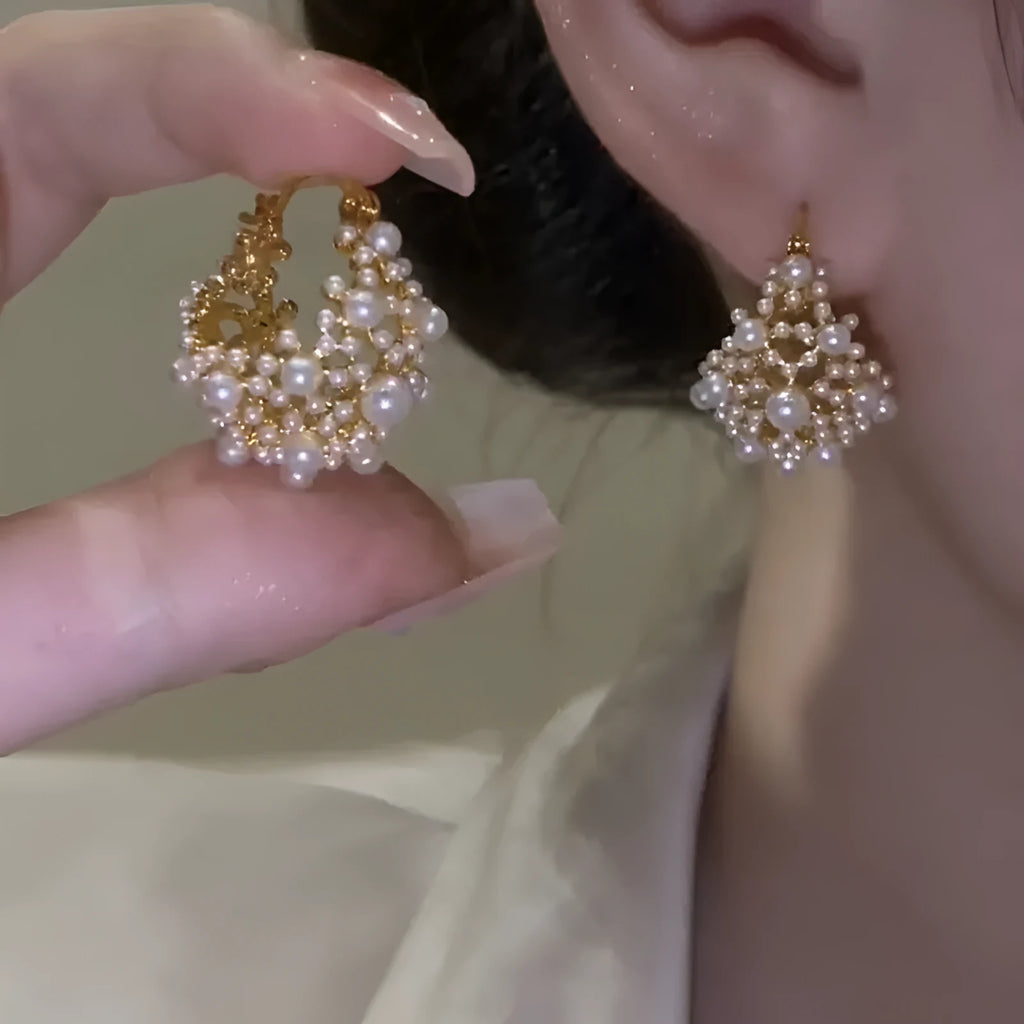Women's gold flower basket earrings with pearl inlay on small rice-shaped beads
