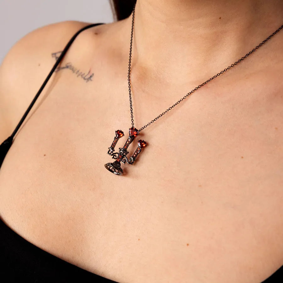Retro candlestick pendant on Gothic cross chain necklace with hollow zinc alloy construction and diamond-cut surface texture