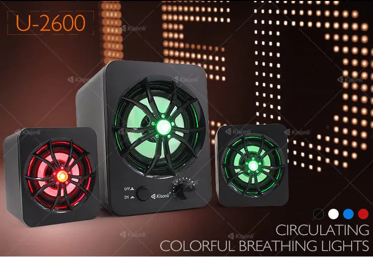 Green 2.1 USB computer speaker with colourful LED lighting and 150cm cable
