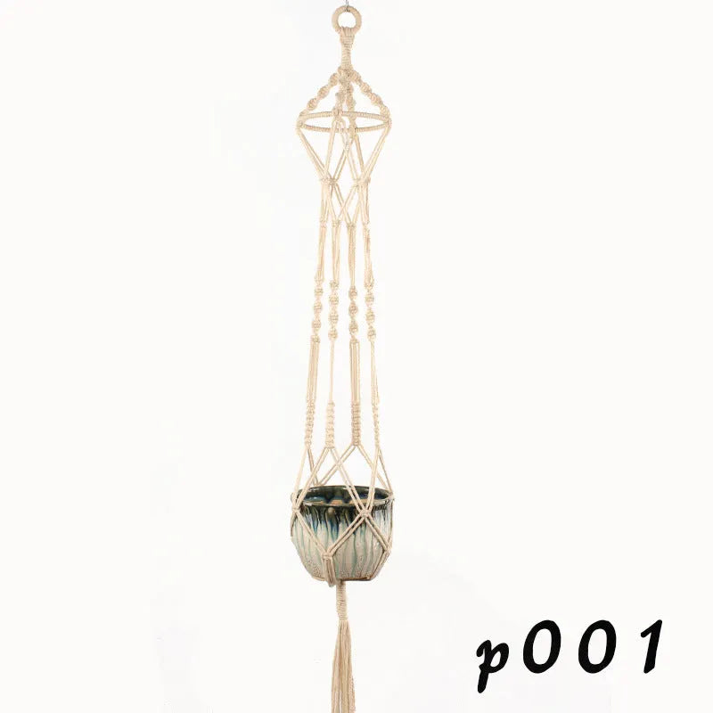 Woven wire plant hanger bracket with cotton rope, shown in a rustic style suitable for wall mounting.