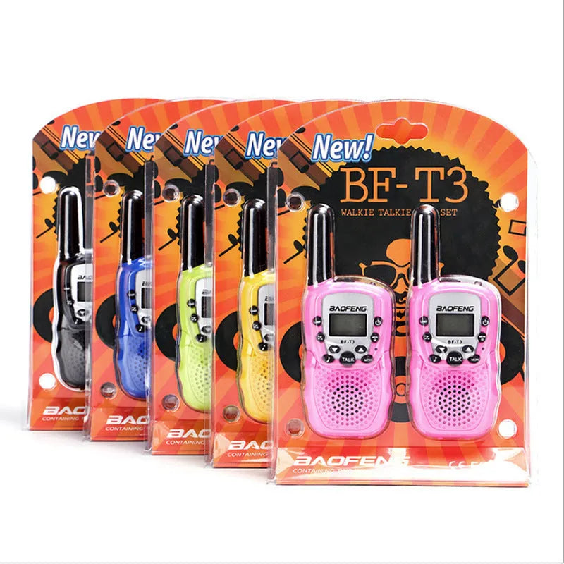 Children's handheld walkie talkie set in multiple colours showing front display and antenna