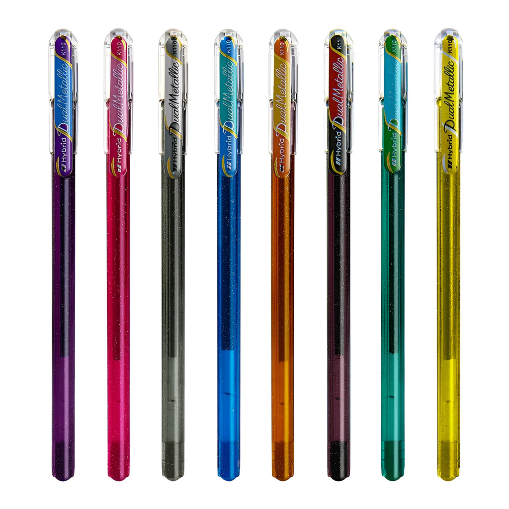 Flash gel pen with glitter ink in eight colours including purple and silver, showing 1.0mm tip.
