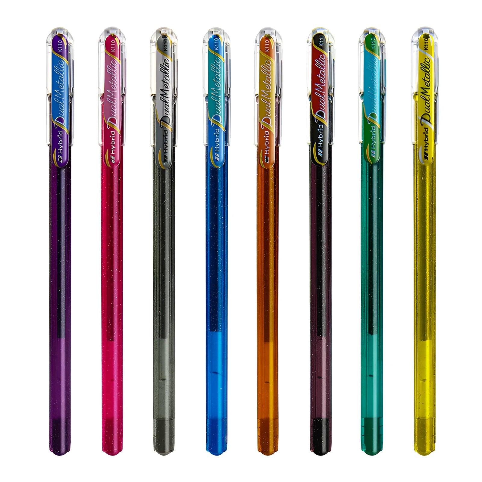 Flash gel pen with glitter ink in eight colours including purple and silver, showing 1.0mm tip.