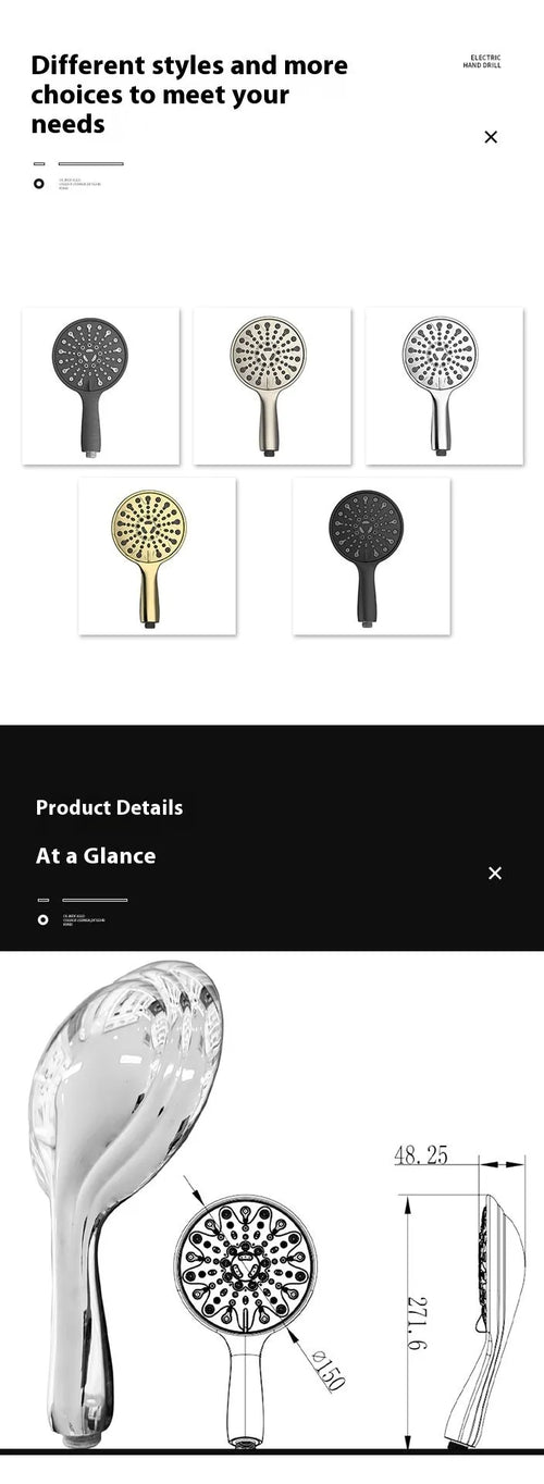 6-inch six-function handheld shower with electroplated finish showing spray pattern options