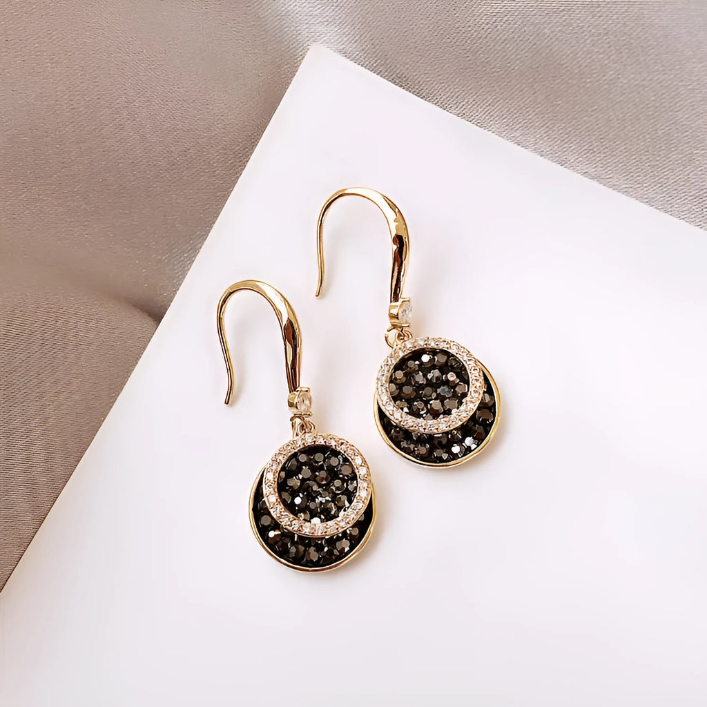 Black geometric alloy earrings with 3.6cm drop length and retro Hong Kong style design
