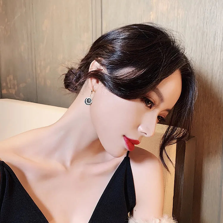 Black geometric alloy earrings with 3.6cm drop length and retro Hong Kong style design