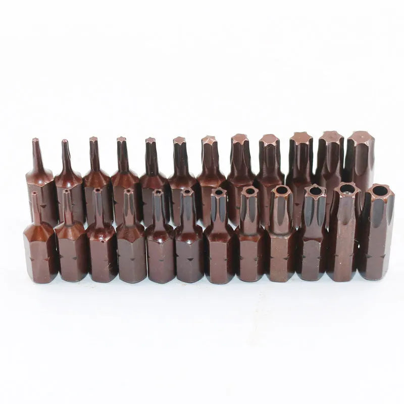 Set of black hex screwdriver bits showing T6 to T40 sizes, magnetic tip, and hollow/solid shank options.
