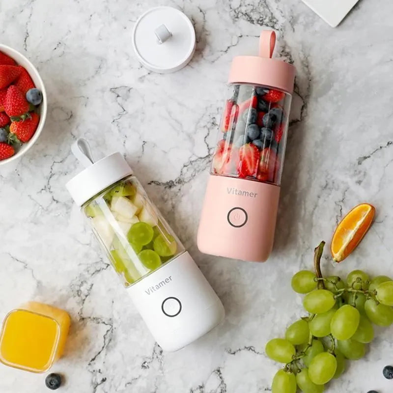 White portable USB blender bottle with silicone ring, 350ml capacity, and stainless steel blade on base.