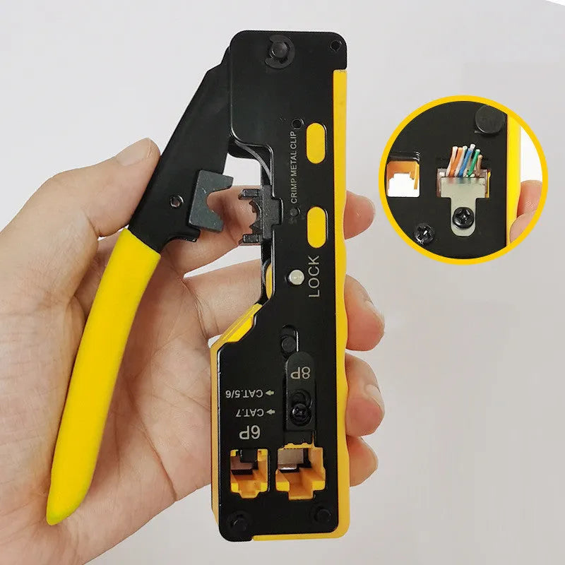 RJ45 network cable crimper with non-slip handle and cable stripper in black and blue, 136mm length