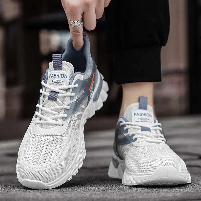 Men's platform casual running shoes in mesh with cross straps and rubber sole