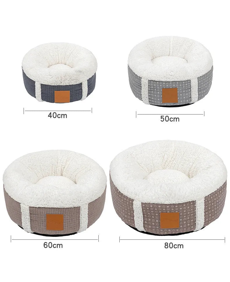 Winter super soft warm pet bed with lamb wool fabric and raised rim, available in 4 colours and sizes 40-80cm