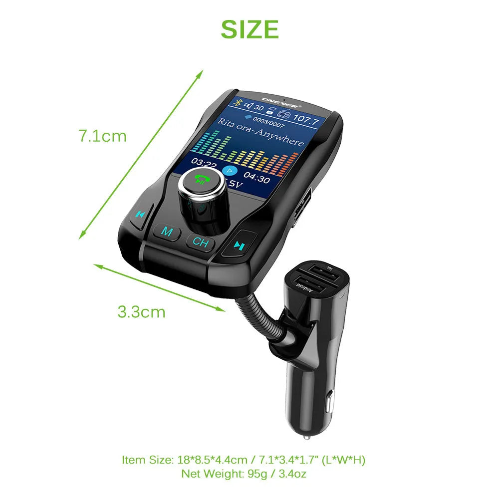 Black car Bluetooth FM transmitter with colour screen and dual USB ports for charging Apple and Android devices