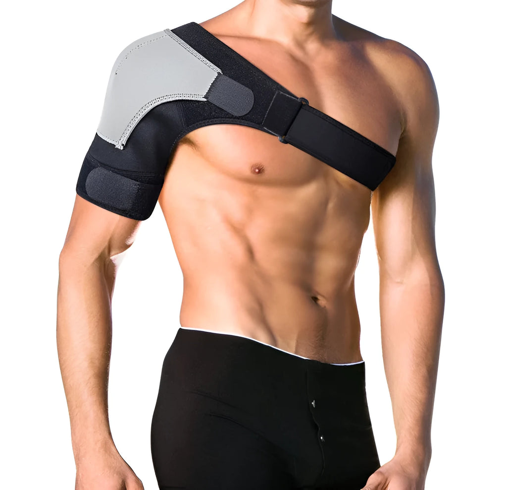 Black neoprene shoulder brace for rotator cuff support with adjustable elastic strap
