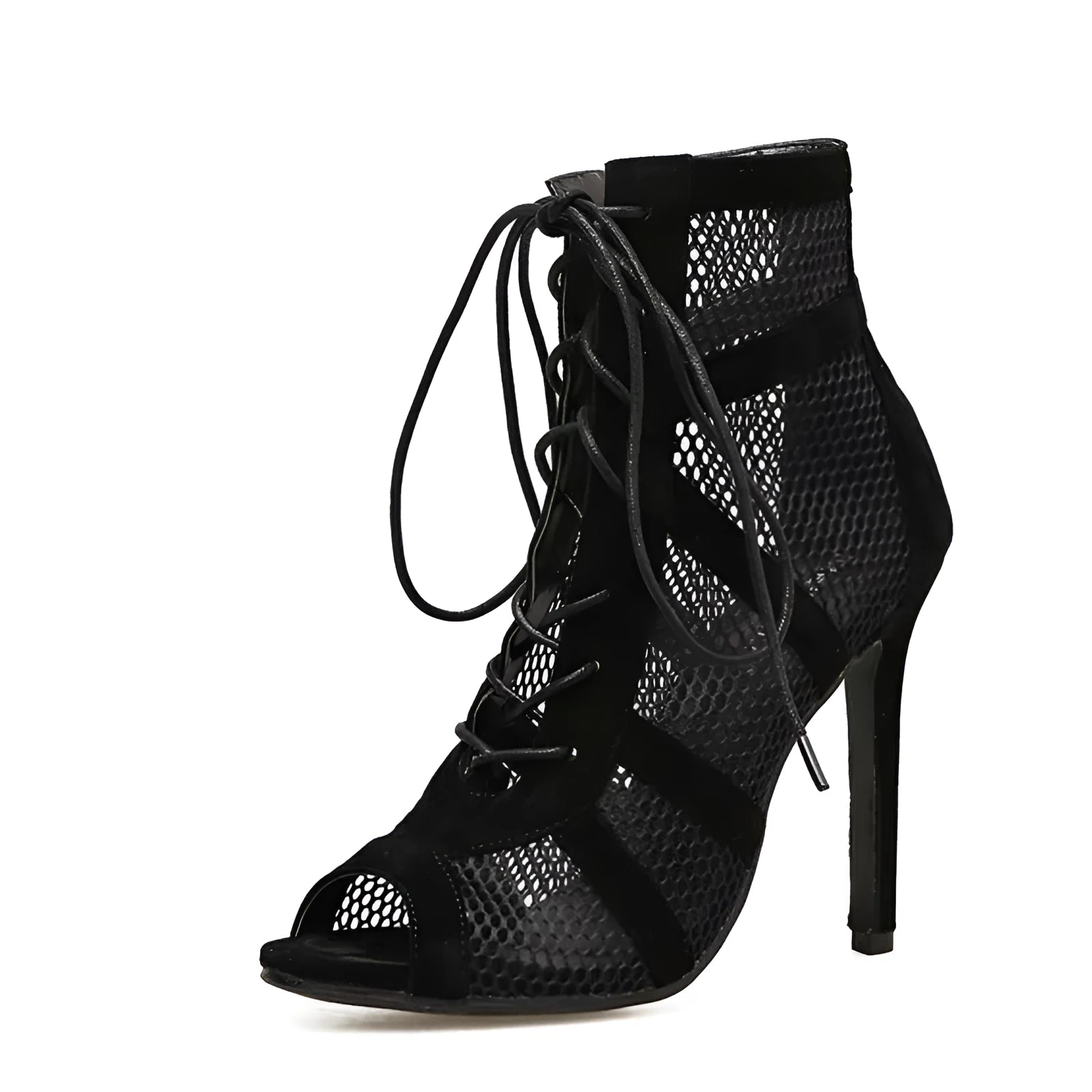 Black suede lace-up high heel women's shoes showing 11.5cm heel height with detailed sizing chart showing millimetre measurements