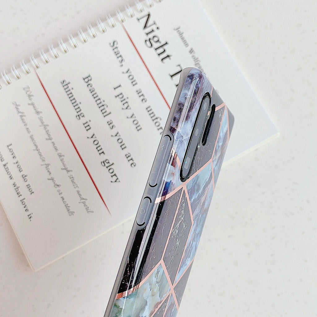 Electroplated marble patterned phone back cover case for Huawei and Samsung smartphones.