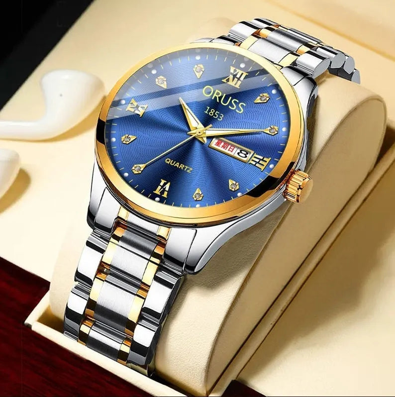 Men's fully automatic luminous quartz watch with 40mm circular dial, mineral glass, and stainless steel buckle