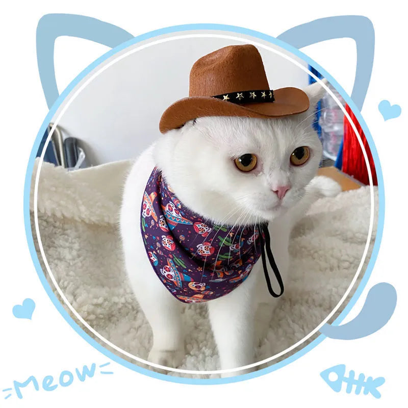 British cat cowboy hat pet costume accessory in multiple colour options with velvet belt, ribbon and rope trim decorations