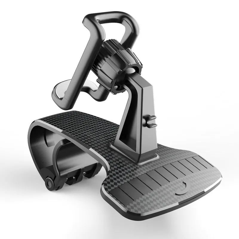Black universal car phone mount with 360-degree rotating head on a car dashboard.