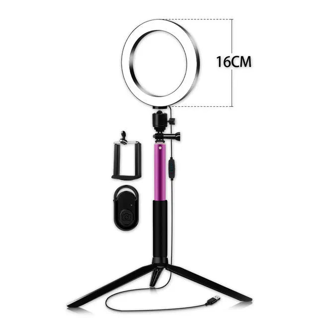 Self-Made Fill Light Artifact 5W LED ring light 20cm black with tripod and phone clip on desk