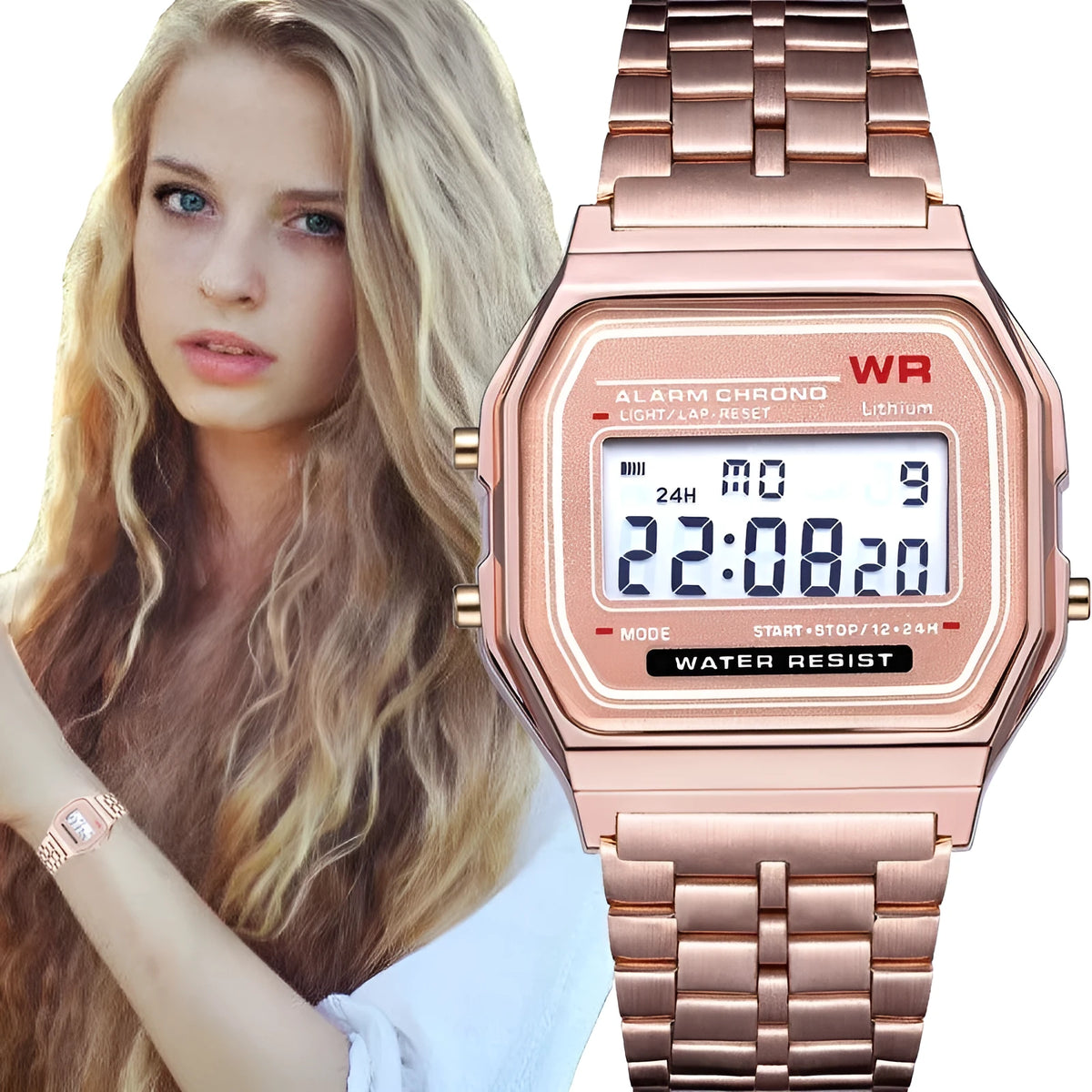 WR F91W electronic watch with stainless steel band and square plastic dial