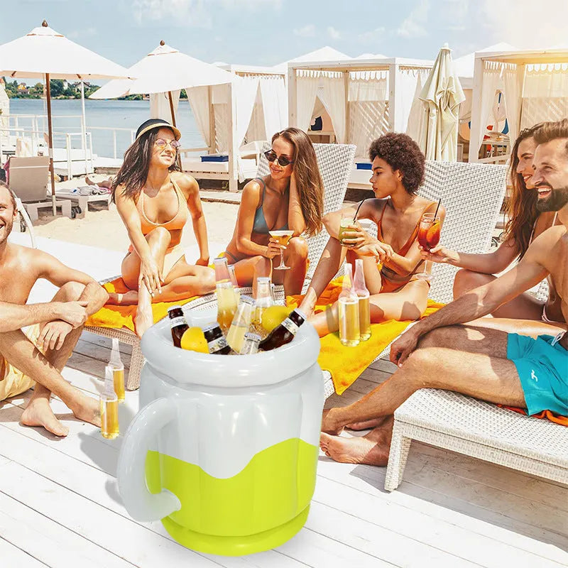 Bright yellow inflatable PVC ice bucket for outdoor drinks, shown inflated and ready for use.