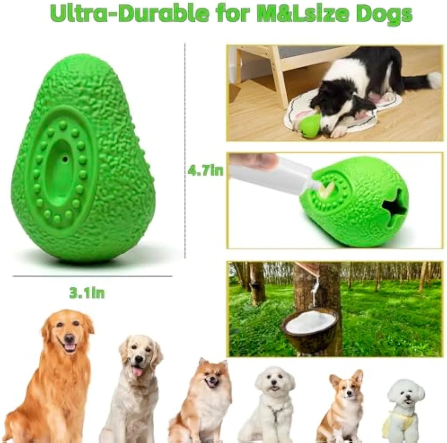 Green avocado-shaped natural rubber dog chew toy for aggressive chewers and large breeds