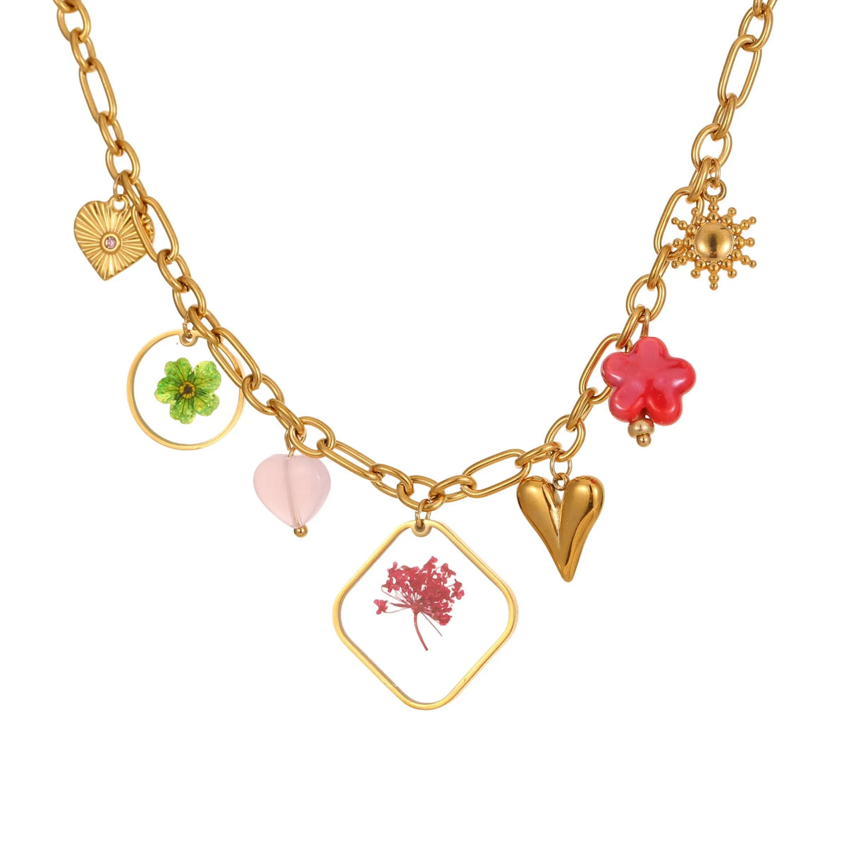 Stainless steel necklace with geometric epoxy flower pendant and 18K gold electroplated finish on a regular chain