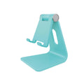 Folding plastic mobile phone holder in black on desktop, showing unfolded bracket with phone placed vertically