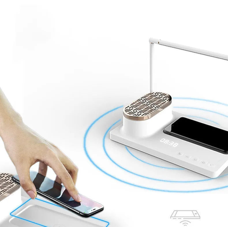 Wireless Bluetooth sound desk lamp aluminium alloy ABS USB powered white colour with UK plug on desk