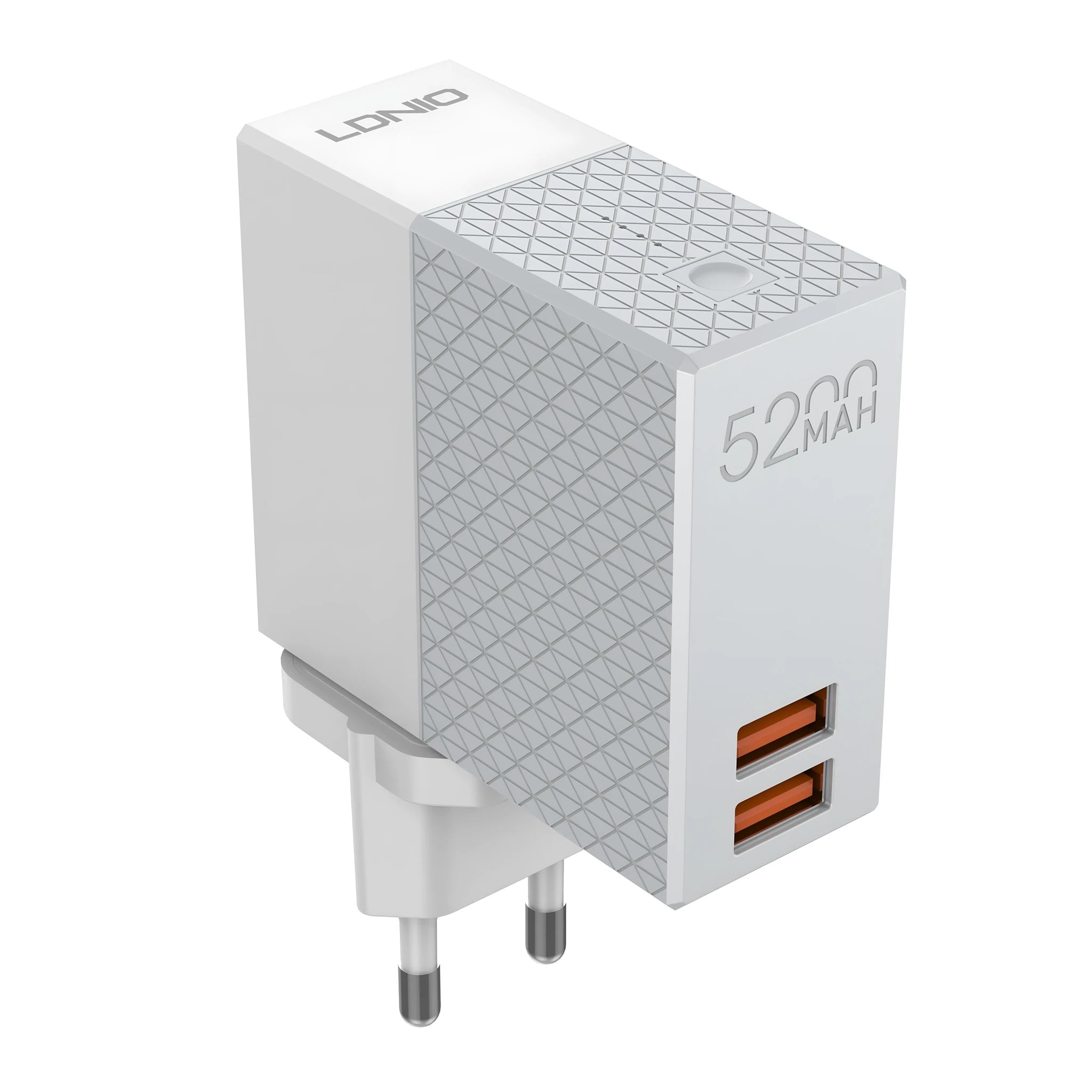 White two-in-one mobile power bank charger with built-in UK, EU, and US plug pins