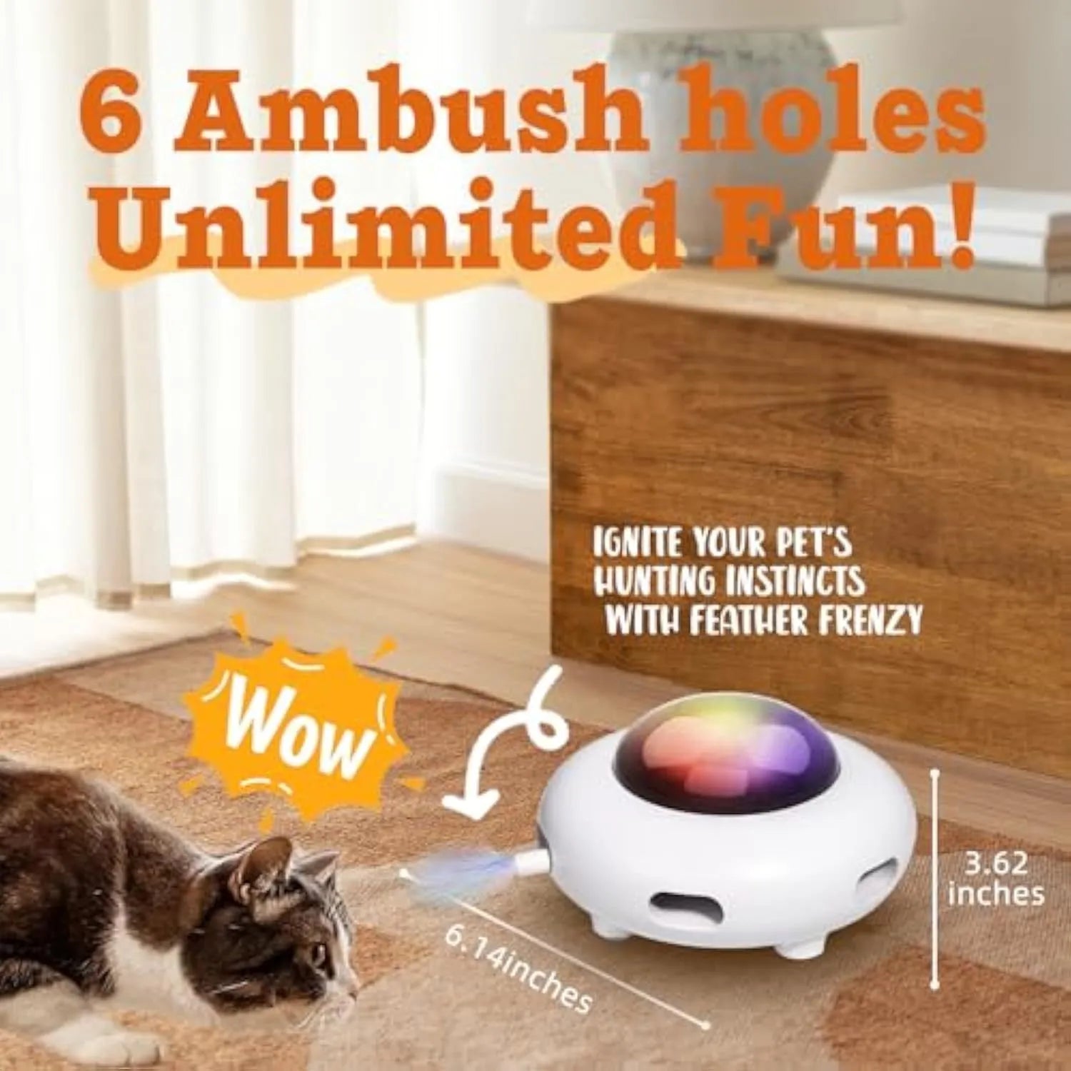 White automatic cat toy with colourful feathers and LED lights for indoor play