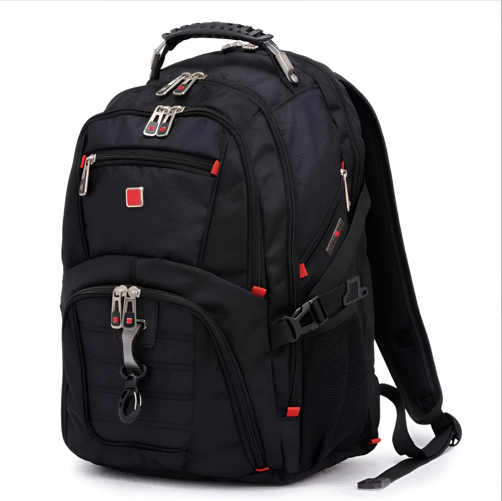 Black business computer backpack showing multiple compartments and organiser pockets.