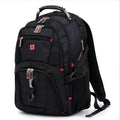 Black business computer backpack showing multiple compartments and organiser pockets.