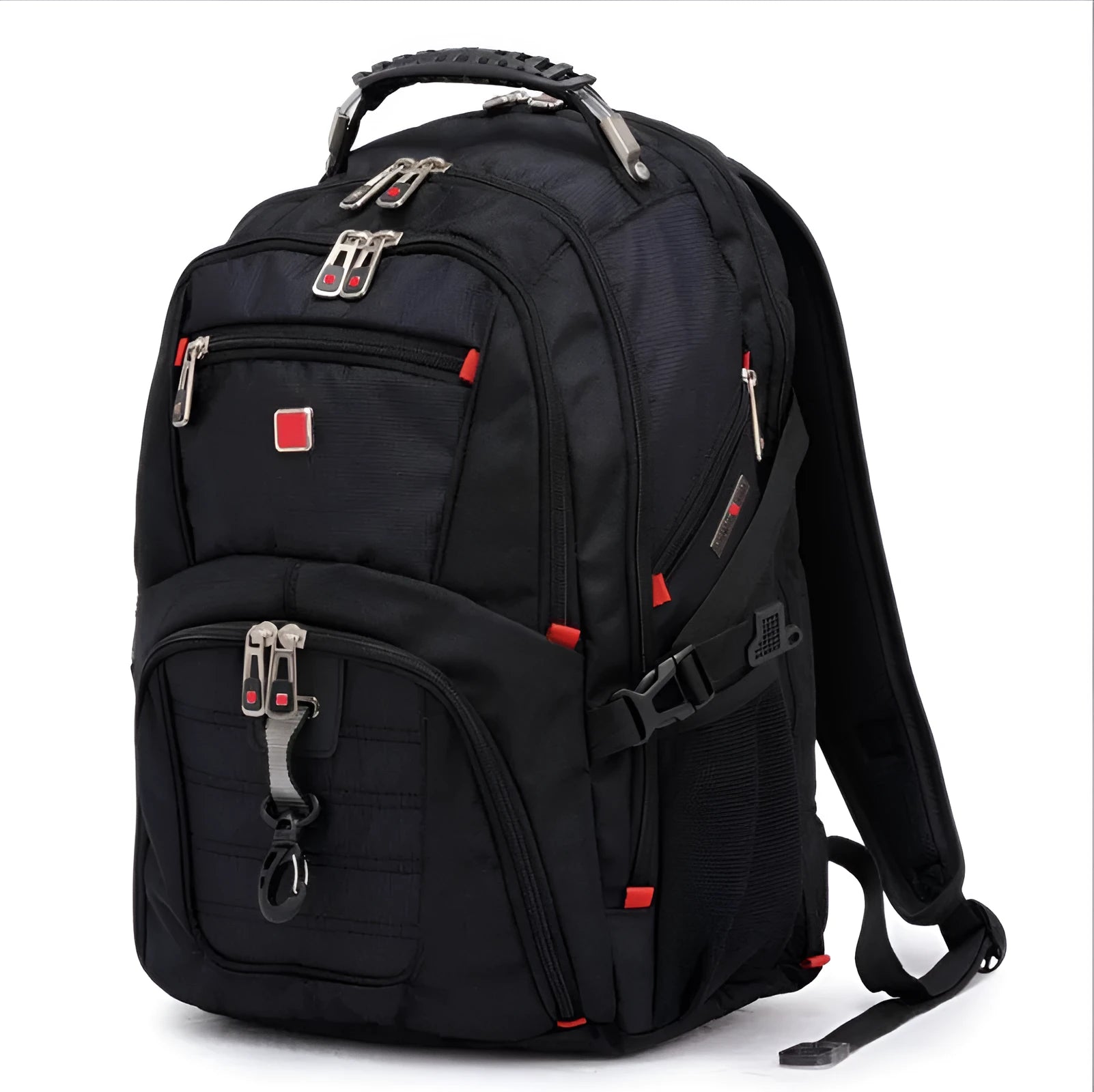 Black business computer backpack showing multiple compartments and organiser pockets.