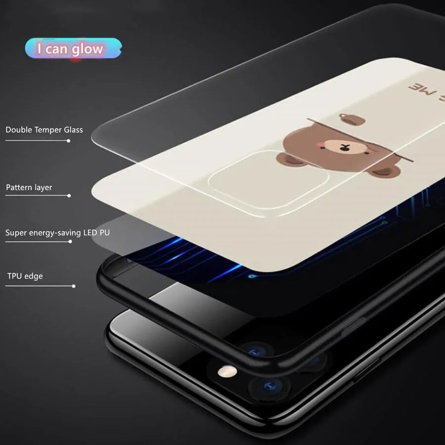 LED light up iPhone case with tempered glass back, cartoon design, glows for calls and messages, available in six colours.