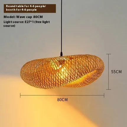 Natural woven bamboo straw hat-shaped pendant ceiling lamp with an open weave design.