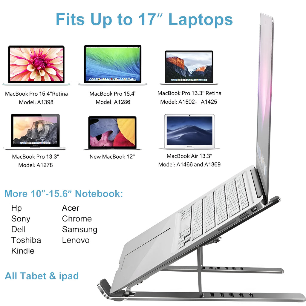 Silver aluminium laptop stand with six height positions beside a black laptop