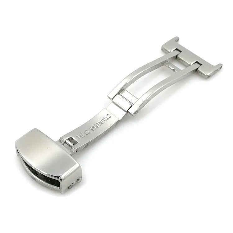 Silver stainless steel single-side folding watch buckle clasp on a white background