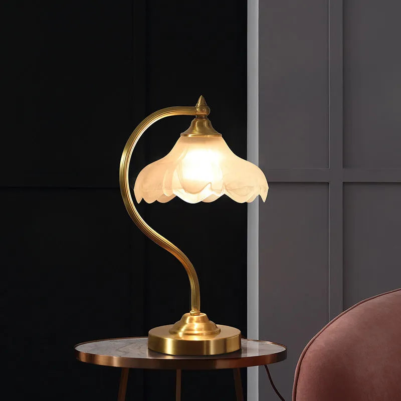 Gold copper and glass bedside lamp 23cm diameter 42cm height on table