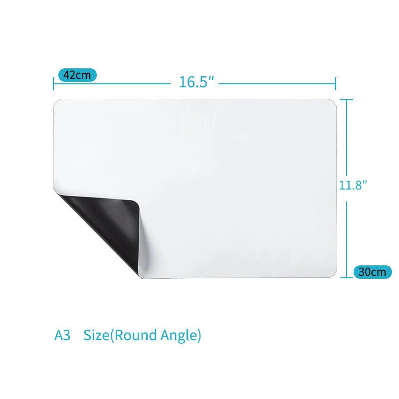 A3 magnetic whiteboard with rounded corners on refrigerator surface